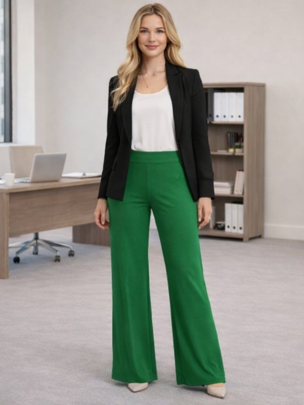 AZULES Womens High Waist Kelly Green Summer Pants Small Flare Leg Career Slacks